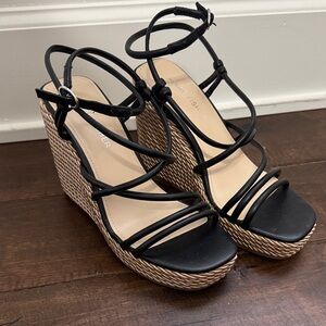 Marc Fisher Black Strappy Wedge Sandals with Braided Platform